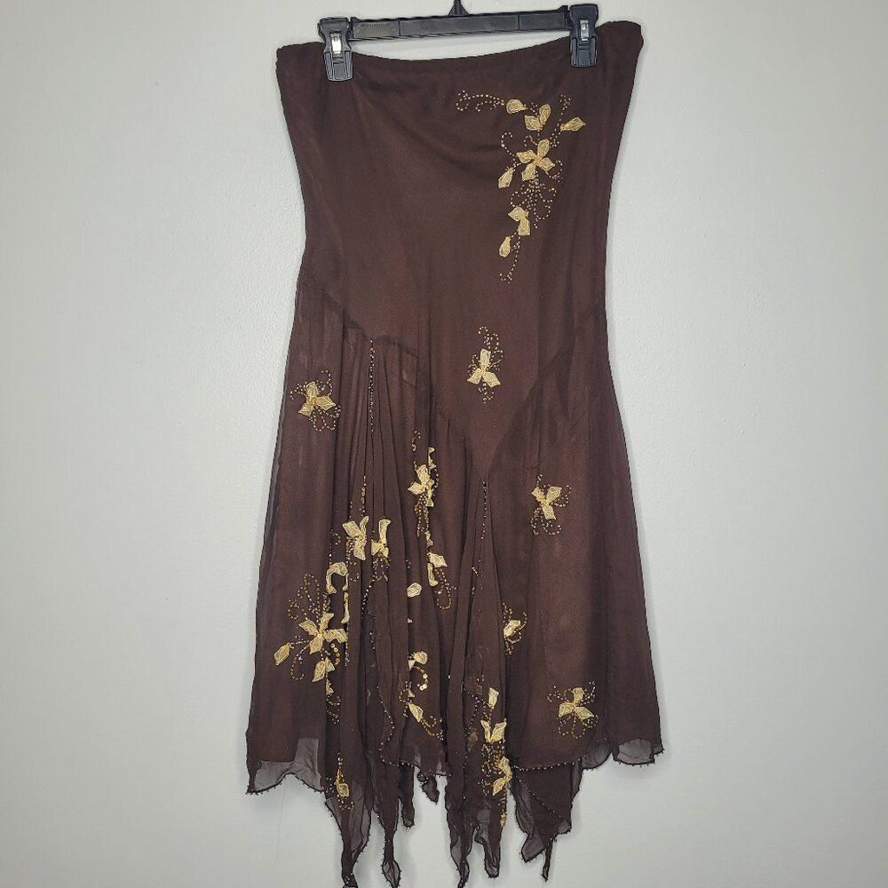 Vintage y2k Mix It brown silk beaded grunge fairy woodsy asymmetrical hem 14
